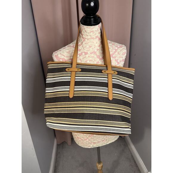 EUC Fossil Felicity Tote Brown Black White Yellow Stripe AND Leather Wallet - Picture 2 of 16